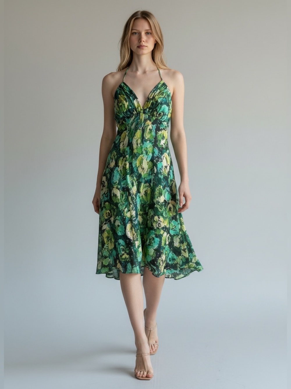 Donna Ricco Silk Chiffon Halter Dress A-Line Green Blue Yellow Floral Size 8